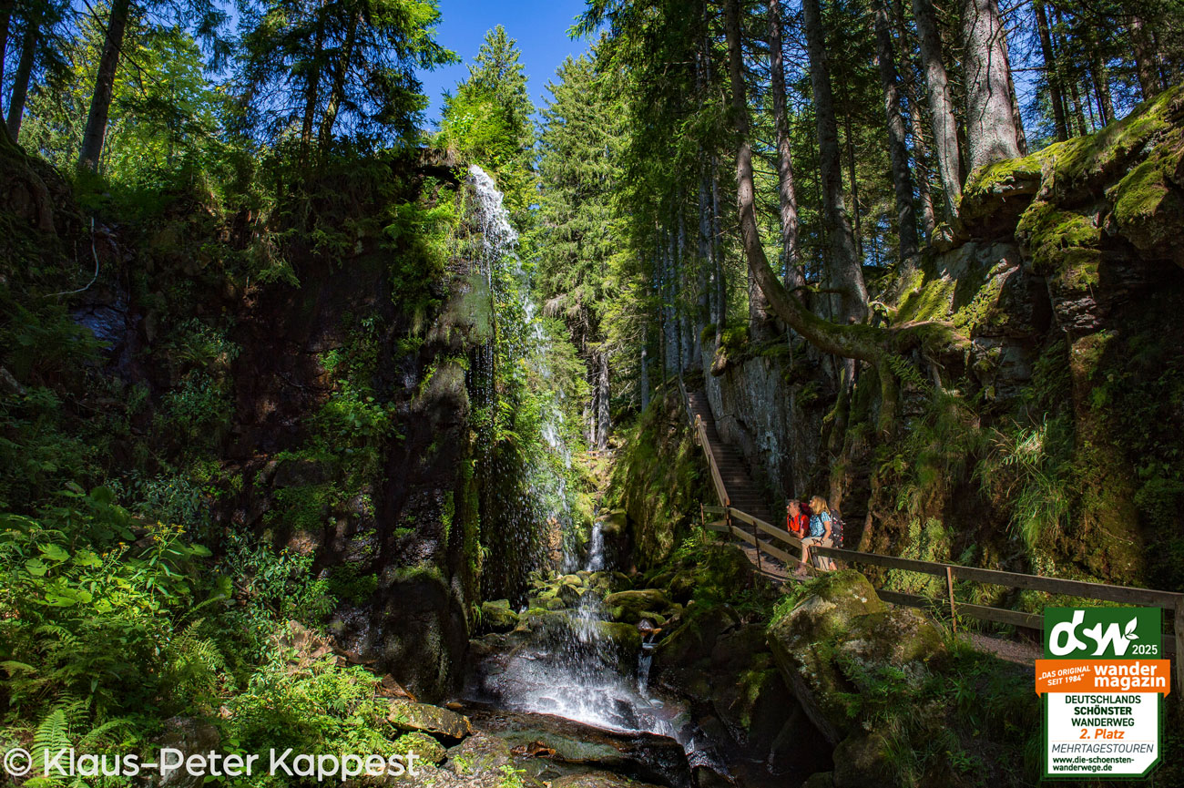 zwei Wandernde in einer Waldschlucht blicken auf einen Wasserfall